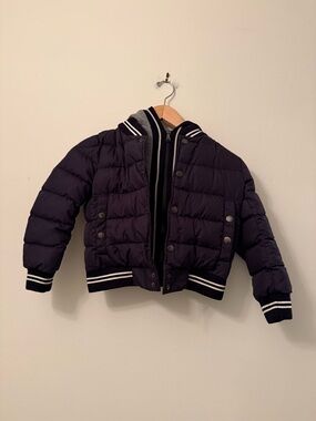 Moncler Boys Navy Puffer Jacket with Striped Ribbing